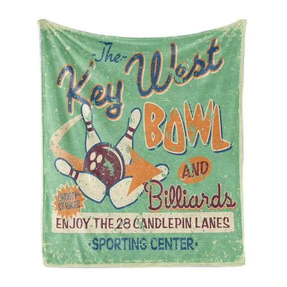 Vintage Soft Flannel Fleece Throw Blanket, Retro Bowling Game Night with Abstract Background Words Image, Cozy Plush for Indoor and Outdoor Use, 70" x 90", Fern Green Burgundy, by Ambesonne
