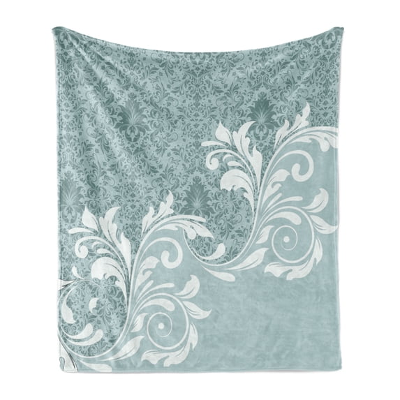 Vintage Soft Flannel Fleece Throw Blanket, Retro Floral Ivy Leaves with Swirls Abstract Vector Artwork, Cozy Plush for Indoor and Outdoor Use, 50" x 60", Slate Blue Baby Blue, by Ambesonne