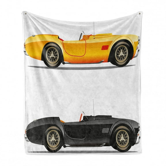 Vintage Soft Flannel Fleece Throw Blanket, Retro Nostalgic Cars Auto Engine Vehicle Inspired Lifestyle Design, Cozy Plush for Indoor and Outdoor Use, 50" x 70", Earth Yellow Black, by Ambesonne