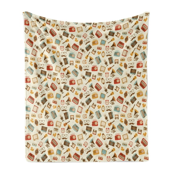 Vintage Soft Flannel Fleece Throw Blanket, Retro Pattern Old Fashioned Alarm Clock Typewriter Gramophone Radio Cassette, Cozy Plush for Indoor and Outdoor Use, 50" x 60", Multicolor, by Ambesonne