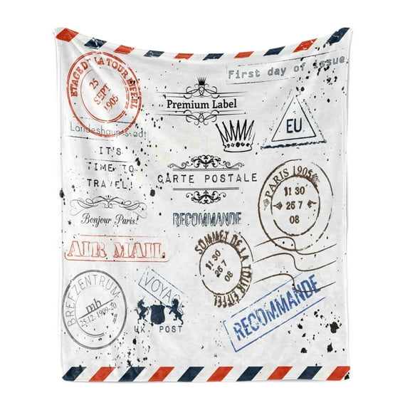 Vintage Soft Flannel Fleece Throw Blanket, Retro Post Stamps Postage Mail Paris Antique Design Vocation Traveling, Cozy Plush for Indoor and Outdoor Use, 50" x 70", Multicolor, by Ambesonne