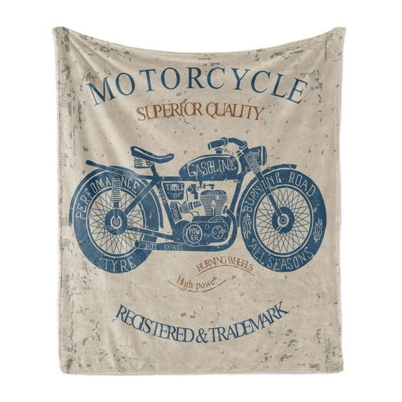 Vintage Soft Flannel Fleece Throw Blanket, Retro Style Bike Grunge Background Classic Wheels Chopper Rider Illustration, Cozy Plush for Indoor and Outdoor Use, 50" x 70", Slate Blue Tan, by Ambesonne