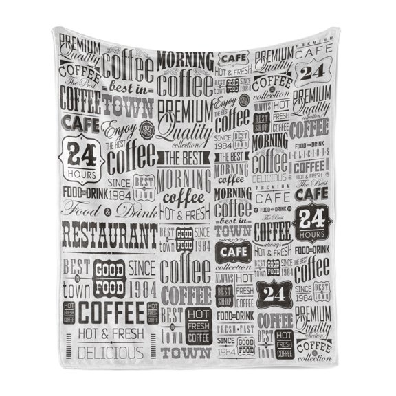 Vintage Soft Flannel Fleece Throw Blanket, Retro Style Texts and Typographic Vintage Coffee Shop Restaurant, Cozy Plush for Indoor and Outdoor Use, 50" x 70", Charcoal Grey Pale Grey, by Ambesonne