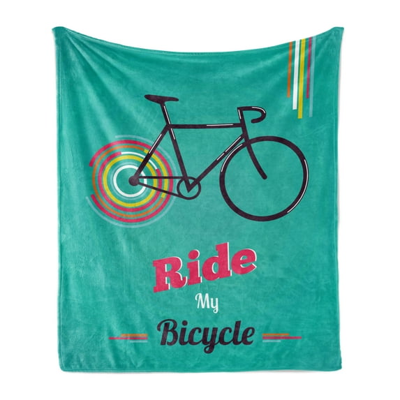 Vintage Soft Flannel Fleece Throw Blanket, Ride My Bicycle Theme Poster Style Retro Bike Hipster Art Illustration, Cozy Plush for Indoor and Outdoor Use, 50" x 70", Teal Hot Pink Black, by Ambesonne