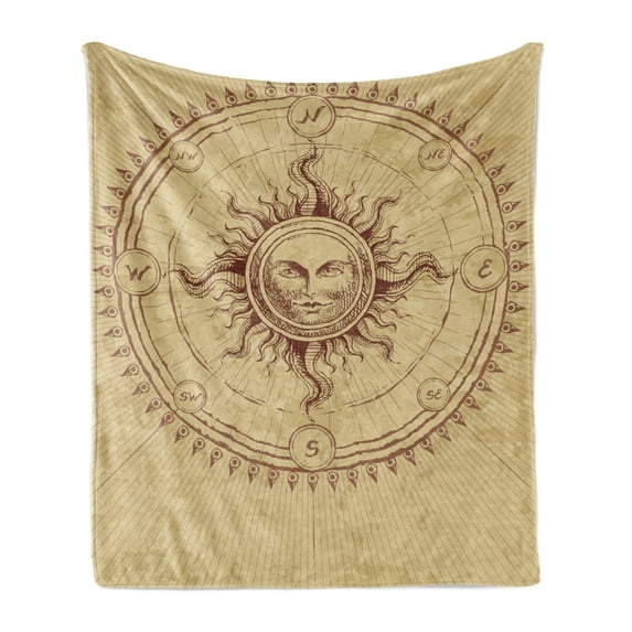 Vintage Soft Flannel Fleece Throw Blanket, Roman Style Face in Circle Like Radiating Sun Antique Image Artwork, Cozy Plush for Indoor and Outdoor Use, 60" x 80", Pale Brown, by Ambesonne