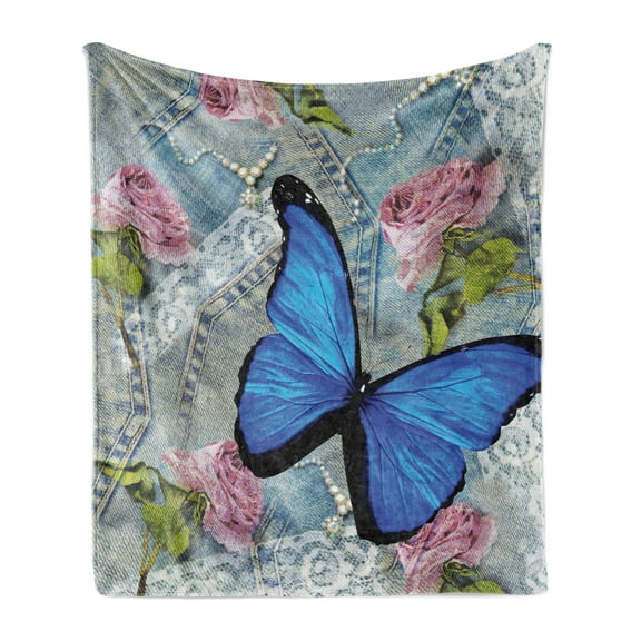 Vintage Soft Flannel Fleece Throw Blanket, Roses Butterfly and Pearl Images on Denim Look Background Feminine Roamantic Art, Cozy Plush for Indoor and Outdoor Use, 50" x 70", Multicolor, by Ambesonne
