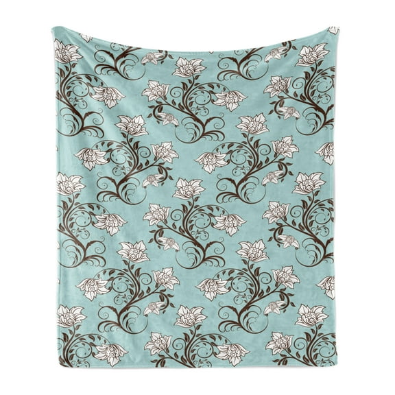 Vintage Soft Flannel Fleece Throw Blanket, Royal Flower Arrangements Swirling Branches and Leaves, Cozy Plush for Indoor and Outdoor Use, 50" x 70", Seafoam Rosewood, by Ambesonne