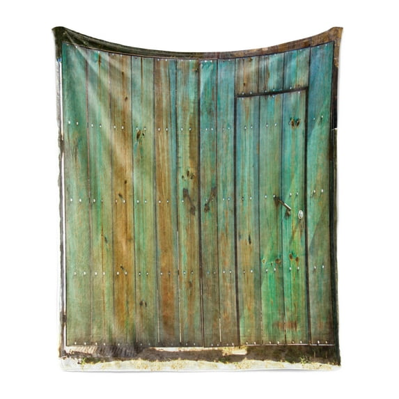 Vintage Soft Flannel Fleece Throw Blanket, Rustic Old Wood Gate Dated Tuscany House Entrance Antique Texture Photograph, Cozy Plush for Indoor and Outdoor Use, 50" x 60", Mint Brown, by Ambesonne