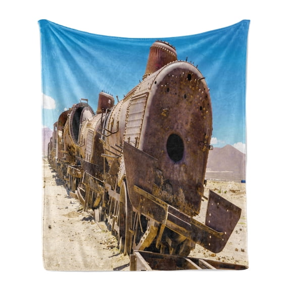 Vintage Soft Flannel Fleece Throw Blanket, Rusty Old Abandoned Steam Train Locomotive Cemetery Railroad Wreck Picture Print, Cozy Plush for Indoor and Outdoor Use, 50" x 70", Blue Brown, by Ambesonne