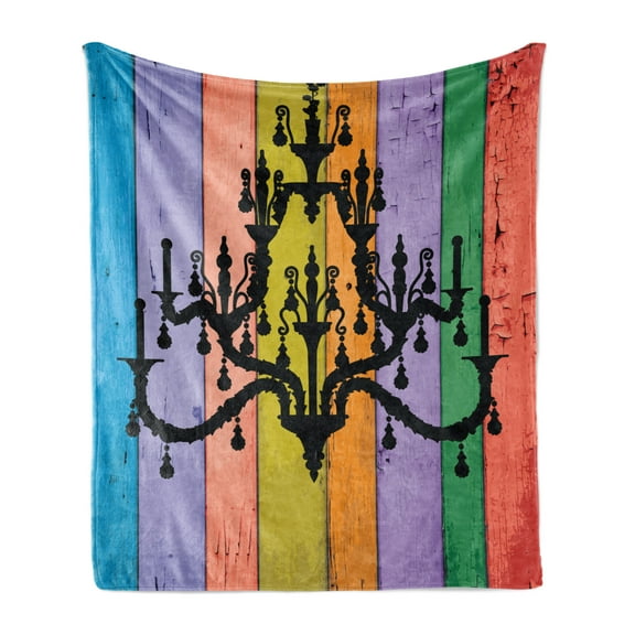 Vintage Soft Flannel Fleece Throw Blanket, Silhouette of an Old Victorian Chandelier on Colorful Rustic Wooden Planks Image, Cozy Plush for Indoor and Outdoor Use, 50" x 60", Multicolor, by Ambesonne