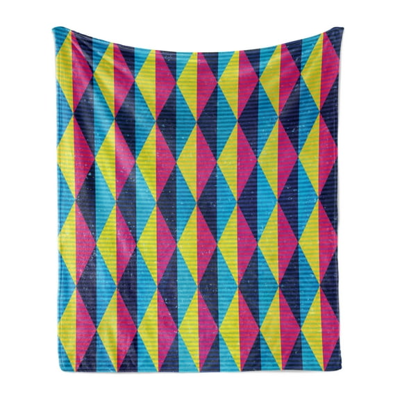 Vintage Soft Flannel Fleece Throw Blanket, Sixties Inspired Triangles with Grunge Effect Colorful Geometric Retro Pattern, Cozy Plush for Indoor and Outdoor Use, 70" x 90", Multicolor, by Ambesonne