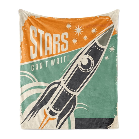 Vintage Soft Flannel Fleece Throw Blanket, Stars Cant Wait Retro Advertisement with Rocket Launch Your Business Image, Cozy Plush for Indoor and Outdoor Use, 70" x 90", Multicolor, by Ambesonne