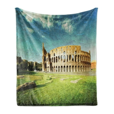 Vintage Soft Flannel Fleece Throw Blanket, Sunset at Historical Colosseum in Rome Italian Landmark European Artwork Scenery, Cozy Plush for Indoor and Outdoor Use, 50" x 60", Green Blue, by Ambesonne
