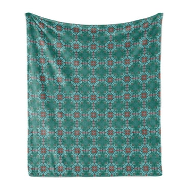 Vintage Soft Flannel Fleece Throw Blanket, Traditional Vibrant Tile Pattern Abstract Spanish Motifs, Cozy Plush for Indoor and Outdoor Use, 50" x 60", Jade Green Pale Blue Red, by Ambesonne
