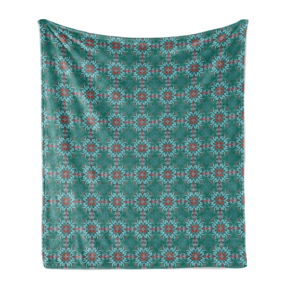 Vintage Soft Flannel Fleece Throw Blanket, Traditional Vibrant Tile Pattern Abstract Spanish Motifs, Cozy Plush for Indoor and Outdoor Use, 50" x 70", Jade Green Pale Blue Red, by Ambesonne