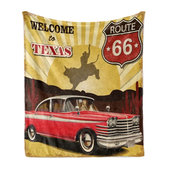 Vintage Soft Flannel Fleece Throw Blanket, Welcome to Texas Signboard Poster Cadillac Art Car Cowboys Town Rodeo Design, Cozy Plush for Indoor and Outdoor Use, 70" x 90", Multicolor, by Ambesonne