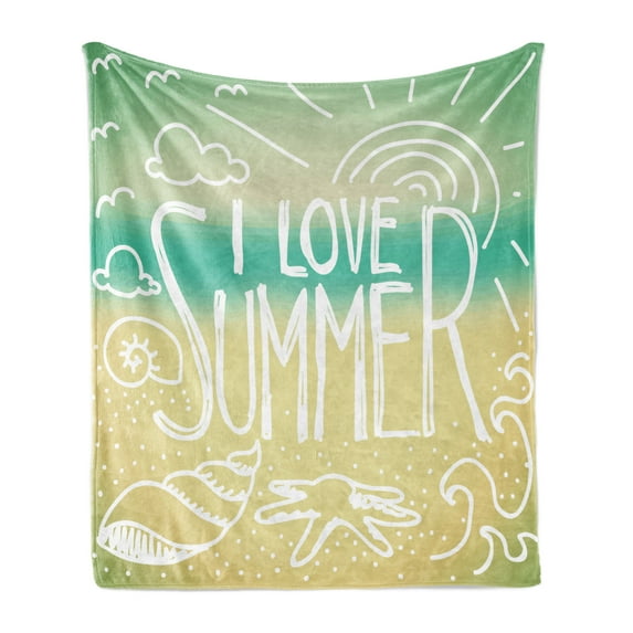 Vintage Soft Flannel Fleece Throw Blanket, Words over Blured Seaside Beach Background Sunny Skies Print, Cozy Plush for Indoor and Outdoor Use, 50" x 60", Turquoise Beige, by Ambesonne