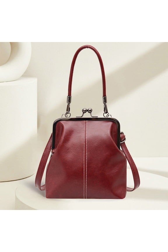 Vintage Soft Leather Kiss Lock Crossbody Bag – Retro Clutch Purse for Women, Top Handle & Adjustable Strap