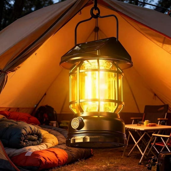 Vintage Solar Camping Lantern, Rechargeable LED Tent Light, Portable Handheld Outdoor Lamp, Retro Ambient Lighti-ng for Yard Patio Camping