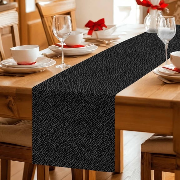 Vintage Solid Black Leather Table Runner 36 Inches Long,Kitchen Dining Tablerunners Retro Cowhide Texture Linen Table Runners Dresser Scarves for Home Dinner Wedding Holiday Party Decor