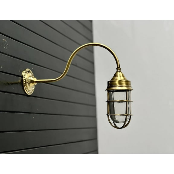 Vintage Solid Brass Gooseneck Nautical Wall Light  Outdoor Waterproof Ship Cage Sconce