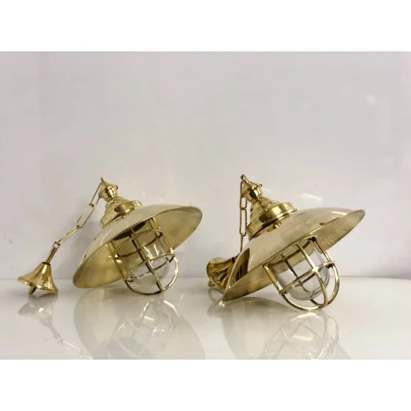Vintage Solid Brass Nautical Pendant Light with Glass Cage | Industrial Marine Ceiling Fixture