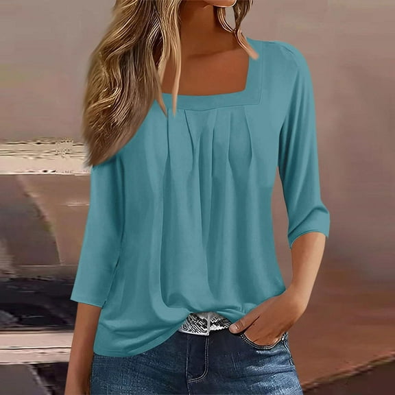 Vintage Solid Color T Shirt, Square Neck 3/4 Sleeve, Casual Pleated Loose Flowing Top, Blue L, Size S-XXXL