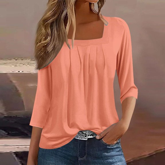 Vintage Solid Color T Shirt, Square Neck 3/4 Sleeve, Casual Pleated Loose Flowing Top, Pink L, Size S-XXXL