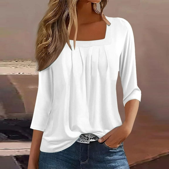 Vintage Solid Color T Shirt, Square Neck 3/4 Sleeve, Casual Pleated Loose Flowing Top, White 2XL, Size S-XXXL