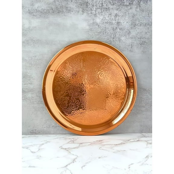 Vintage Solid Copper Serving Tray, Decorative Floral Plate, Midcentruy Modern Decor, 12 "W x 1 "H x 12 "D, Accent Serving Tray for Livingroom Bedroom Diningroom