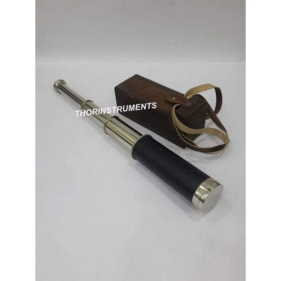 Vintage Solid Pirate Telescope Black Leather Nautical Spyglass W/ Leather Case