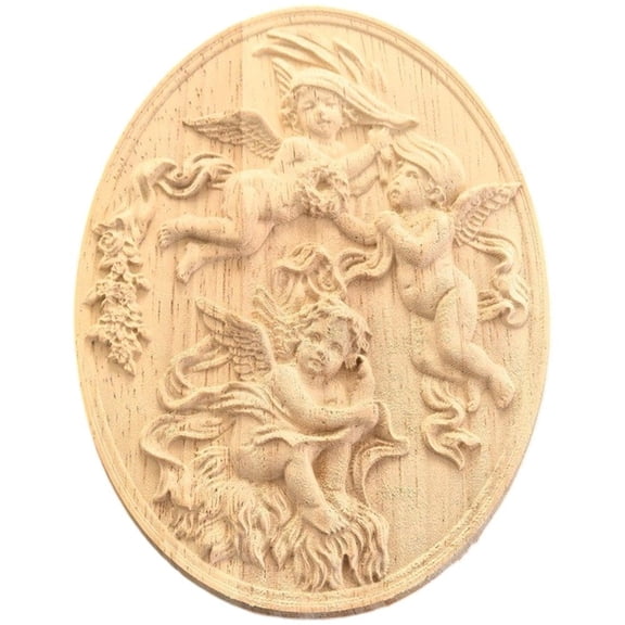 Vintage Solid Wood Carved Oval Angel Decor Durable Exquisite Craftsmanship Easy To Install For Cabinets Wall & Door Art Decor