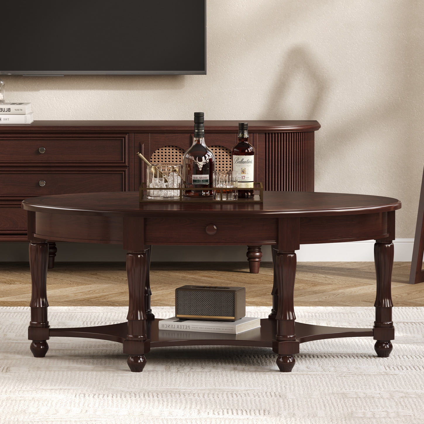 Vintage Solid Wood Oval Coffee Table with Drawer and Storage Shelf ...