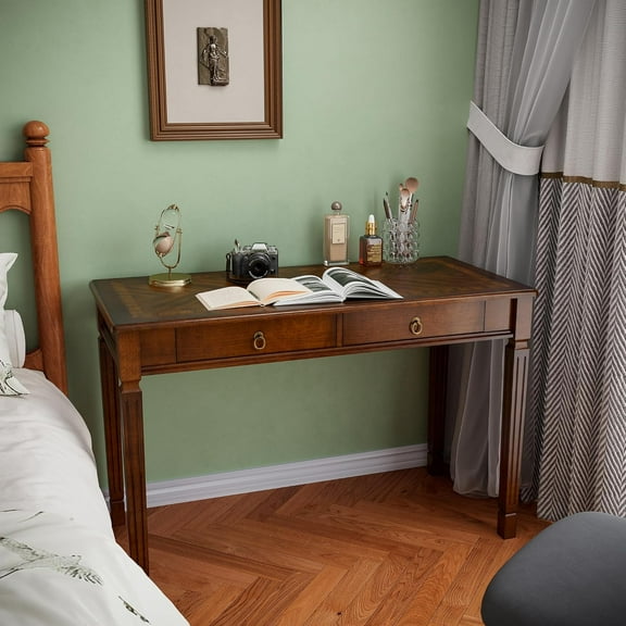 Vintage Solid Wood Writing Desk with 2 Drawers, 46.1" W Large Secretary Desk, Cherry Wood Writing Table for Home Office, Traditional French Provincial Mahogany Desk, Cherry Walnut BSZ-D1258