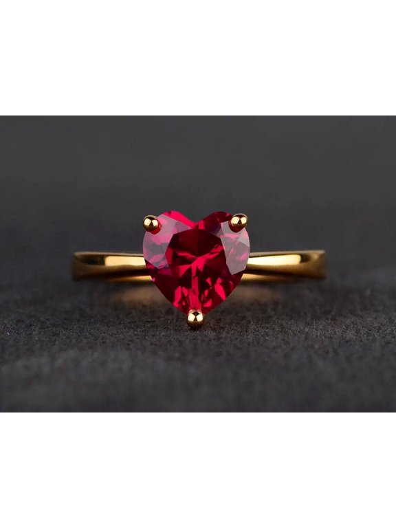Vintage Solitaire Ruby,Heart Cut Red Gemstone,Sterling Silver Plated Yellow Gold