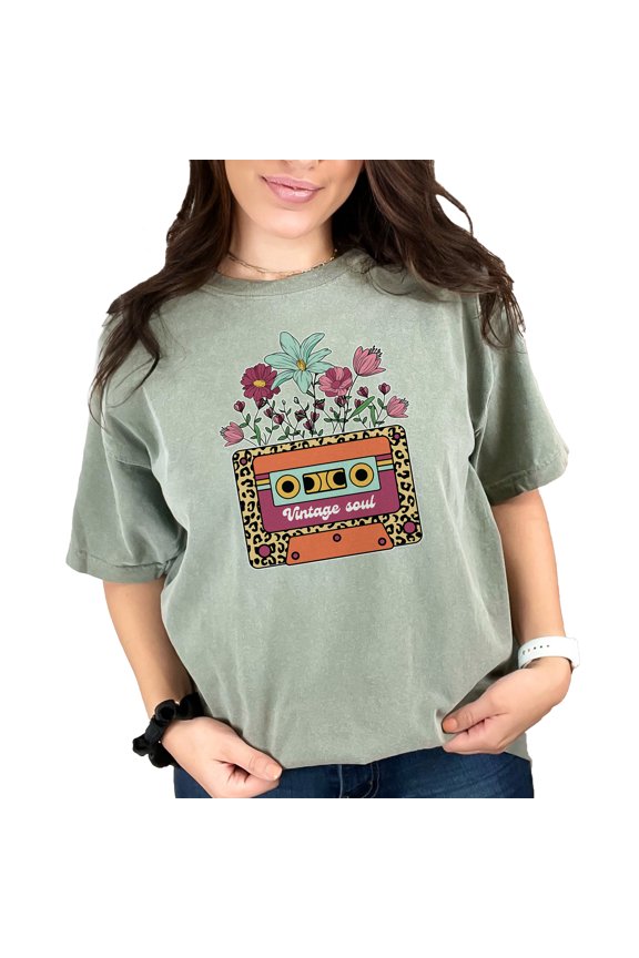 Vintage Soul Cassette Floral Shirt, Retro Music Shirt For Music Lovers, 90s Aesthetic Tee, Gift For Music Enthusiasts, Moss Comfort Colors T-Shirt, XL