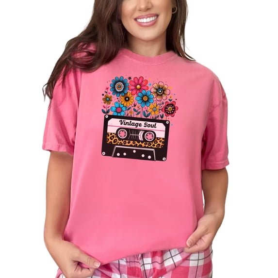 Vintage Soul T-Shirt, Retro Cassette Tape and Flowers Graphic Tee, 80s Music Lover Shirt, Nostalgic Floral Design T-Shirt, Crunchberry Comfort Colors T-Shirt, XL