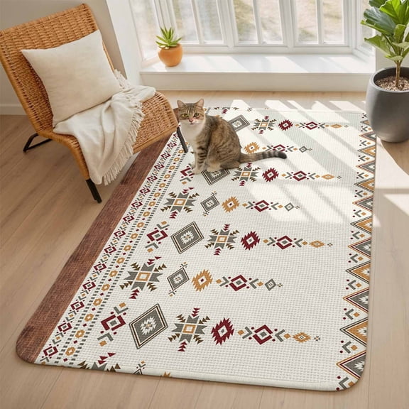 Vintage Southwest Area Rugs for Living Room 5x6, Brown Boho Geometric Tribal Style Washable Area Rug with Non Slip Backing, Stain Resist Linen Carpet for Bedroom, Dining Room, Entryway, Entrance