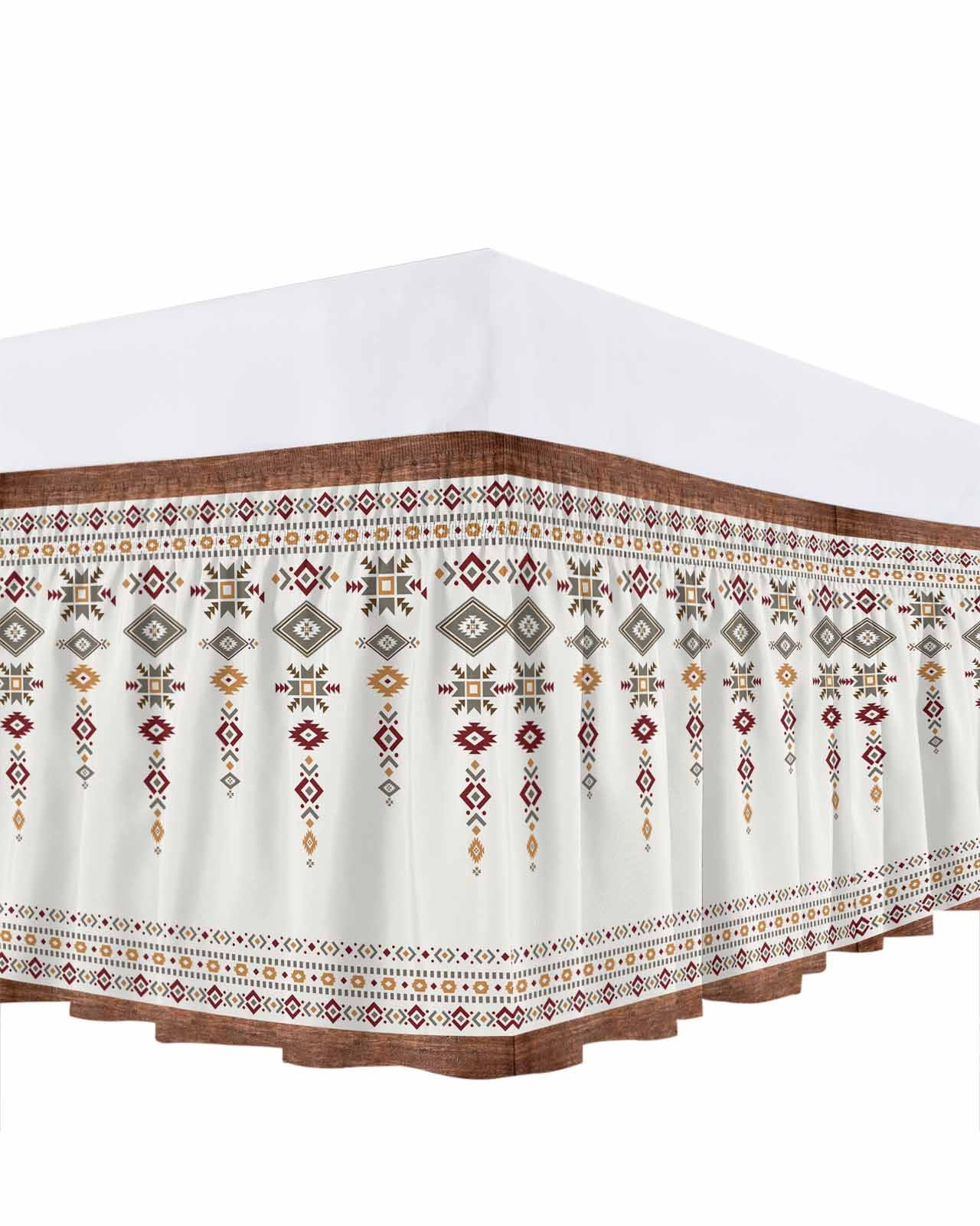 Vintage Southwest Bed Skirt Wood Grain Boho Geometric Tribal Style Bed Skirts Queen Size 16 Inch Drop, Wrap Around Dust Ruffle&nbsp;Bedskirt with Adjustable Elastic Belt for Queen Size Beds