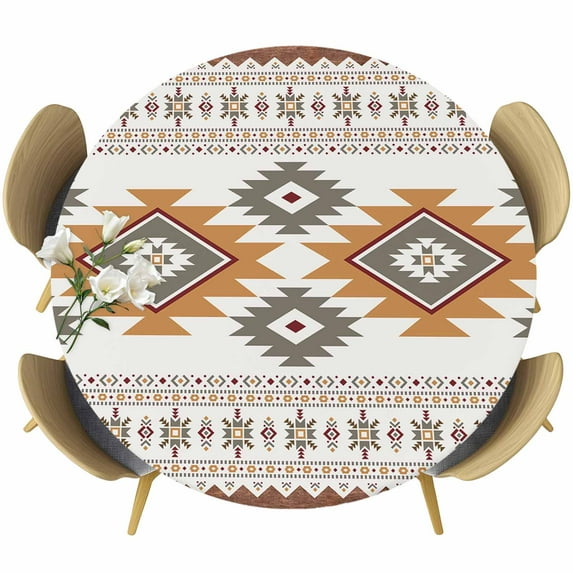 Vintage Southwest Round Fitted Table Cover Orange Boho Geometric Tribal Style Waterproof Table Cloth with Elastic Edge Wipeable Tablecloth for Picnic Camping Party Fits 55"-60" Diameter