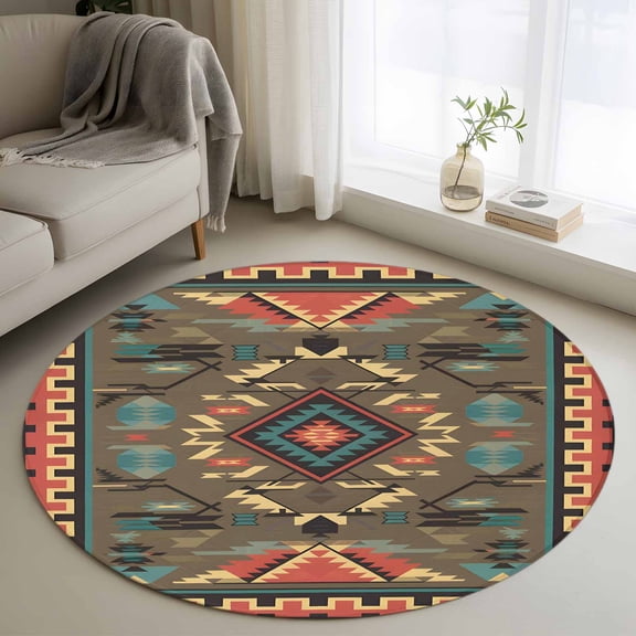 Vintage Southwest Round Rug 3ft Washable Circle Entryway Rugs Non Slip Ethnic Modern Geometric Area Rug Indoor Floor Carpet for Bedroom Kitchen Living Room Home Office Dining Room Nursery