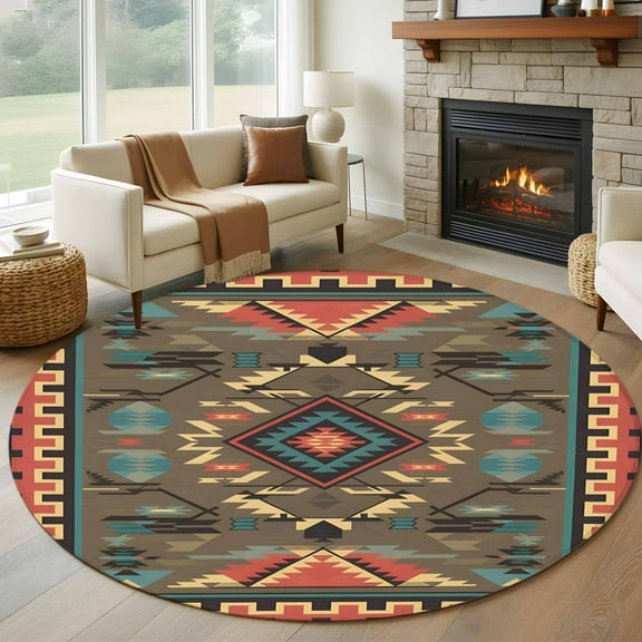Vintage Southwest Round Rug 5ft Washable Circle Kitchen Rugs Non Slip Ethnic Modern Geometric Large Area Rug Indoor Floor Carpet for Bedroom Living Room Home Office Dining Room Nursery