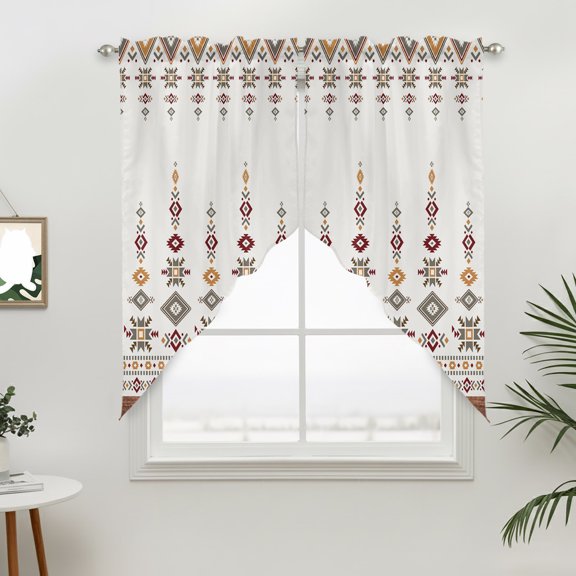 Vintage Southwest Swag Curtain Valance for Windows, Khaki Boho Geometric Tribal Style Window Treatments Short Swag Topper for Kitchen Windows Bathroom Bedroom, 28"x36"