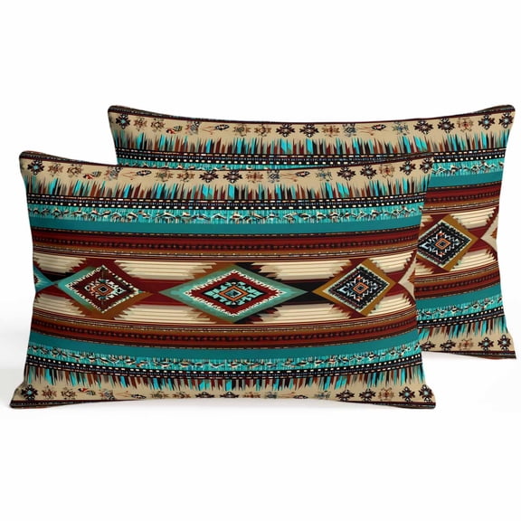 Vintage Southwestern Lumbar Pillow Covers 12 x 20 Inch Pillow Covers Set of 2 Decorative Aztec Ethnic Abstract Geometric Turquoise Cushion Case Cotton Linen Pillowcases with Zipper for Couch Sofa Bed