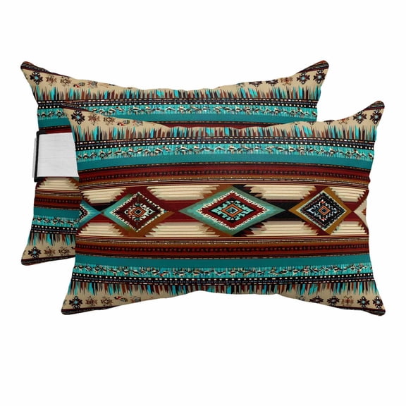Vintage Southwestern Outdoor Pillows for Chaise Lounge Chair Beach Headrest Pillow Set of 2 Waterproof Lumbar Pillows with Insert&Strap Aztec Ethnic Abstract Geometric Turquoise Pool Pillow 12"x20"