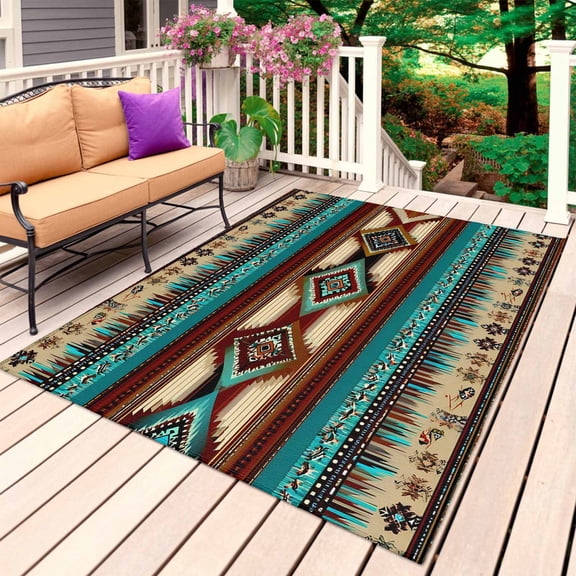 Vintage Southwestern Outdoor Rug for Patio/Deck/Porch, Non-Slip Large Area Rug 4 x 6 Ft, Aztec Ethnic Abstract Geometric Turquoise Indoor Outdoor Rugs Washable Area Rugs, Camping Rug Carpet Runner