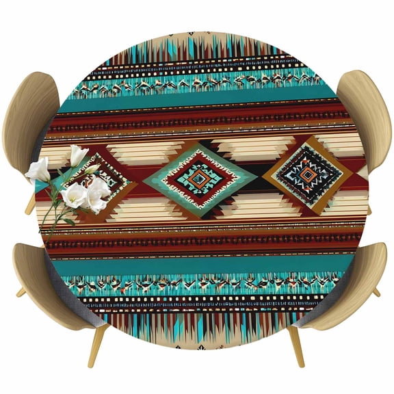 Vintage Southwestern Round Tablecloth 36-44 Inch Round Fitted Table Cloth with Elastic Edge, Aztec Ethnic Abstract Geometric Turquoise Waterproof Table Cover Protector for Outdoor Picnic Party Dining