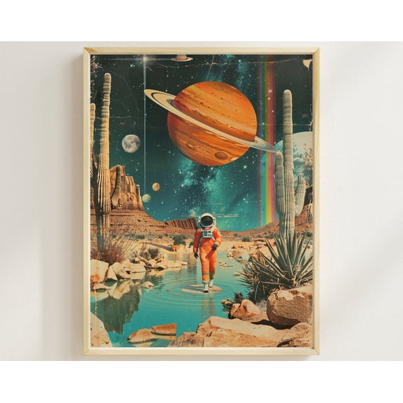 Vintage Space Art Scifi Collage Poster Space Travel Poster Vintage Rainbow Outer Space Decor Astronaut Retrofuturism Polariod Planets UFO, 8x12 UNFRAMED