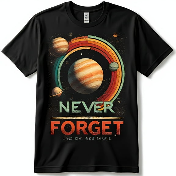 Vintage Space Exploration Black T-Shirt with Colorful Planet Graphic