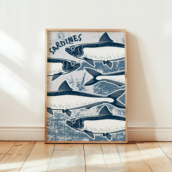 Vintage Spanish Sardines Wall Art Blue Mediterranean Retro Kitchen Eclectic Coastal Poster Decor Design1 Poster, Stretched Size 16x24